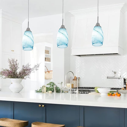 Mini Glass Pendant Light 1-Pack with Handblown Blue Marble Art Oval Glass Lamp Ceiling Hanging Light 4.72" Glass Chandelier for Dining Room Kitchen Foyer Hallway