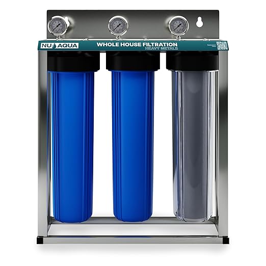 Nu Aqua 3 Stage Heavy Metal Whole House Water Filter System - 20” x 4.5” TDS Reducing Home Filtration - Sediment, KDF Granular Carbon, Carbon Block