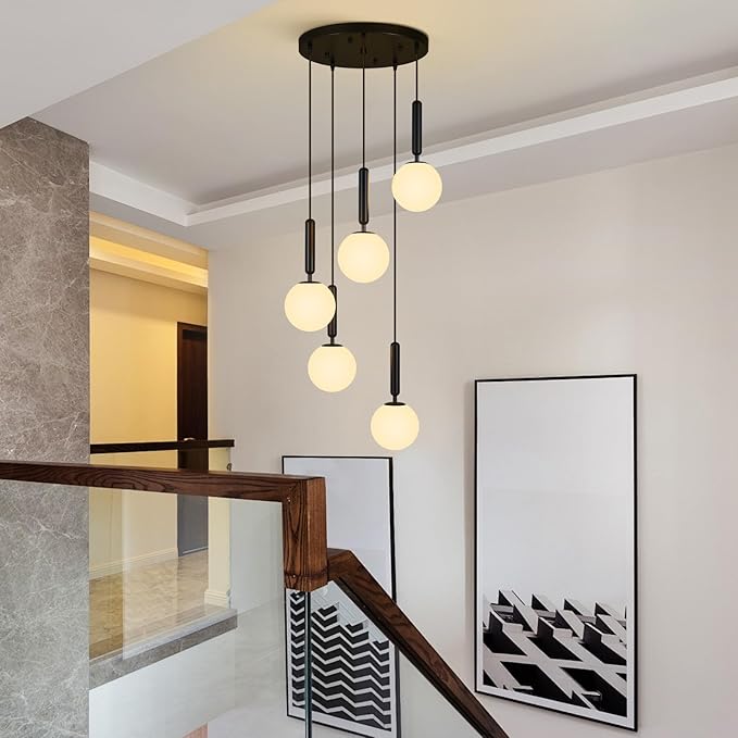 Modern Black Pendant Light Hanging Fixture Light for Kitchen Island Mid Century with Globe Pendant Light Milk White Glass Pendant Lighting for Living Room Bedroom Entryway (5 Lights)