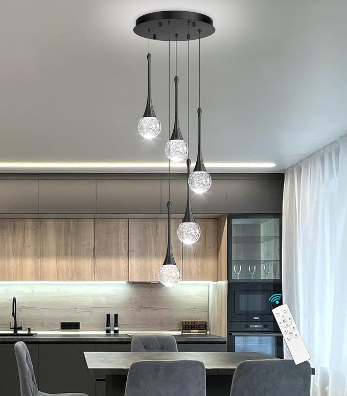 cenzoz 5-Lights Modern Pendant Lights for Kitchen Island LED Dimmable Chandelier Crystal Glam Ceiling Pendant Lighting for Dining Room Hallway Bedroom Lamp Black