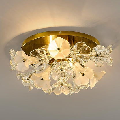 2-Light Modern Glass Flush Mount Ceiling Light Fixture Vintage Gold Chandelier Metal E12 Ceiling Lamp for Farmhouse Hallway Bedroom Kitchen Living Room Closet