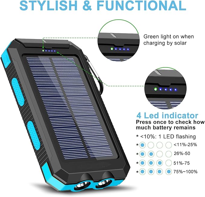 YELOMIN Solar Charger, 20000mAh Portable Type-C Solar Power Bank with 4 Cables, Waterproof Battery Pack, Outdoor External Backup Power Charger Six Outputs/LED Flashlights, Perfect for Camping Travel