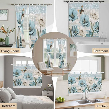 Spring Floral Kitchen Curtains 36 Inch Length, Small Window Curtains Tab Top, Vintage Tulips Flower Butterfly Retro Wood Blue Light Filtering Short Window Treatments Tier Drapes 27.5"x36" 2 Panel