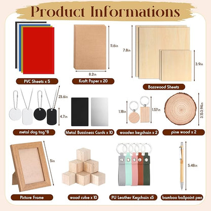 Tondiamo 76 Pcs Laser Material Explore Kit for Laser Engraving Materials Accessories Including Wood, Metal, PU Leather, PVC Materials for Laser Engraver Crafting Supplies