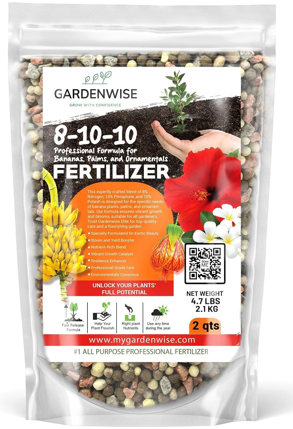 Elite 8-10-10 Professional Fertilizer for Banana, Flowering, and Fruit Trees, Ornamentals - Boosts Flowering & Fruiting - for Indoor & Outdoor Plants (2 QUARTS)