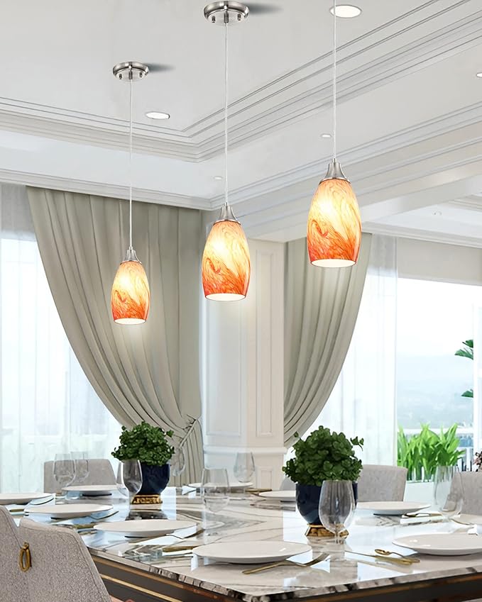 Art Glass Mini Pendant Lights Kitchen Island Marble Glass Pendant Light Shade with Brushed Nickel Finish Ceiling Hanging Lights for Kitchen Over Sink,Dining/Living Room Red Marble-1Pack