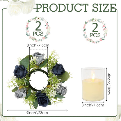 Blue Rose Candle Rings with Flameless Candles Sets - 4PCS Artificial Flower Eucalyptus Wedding Centerpiece 3 Inch Pillar Candleholders Wreaths for Wedding Party Decor (Blue - 2 Sets)