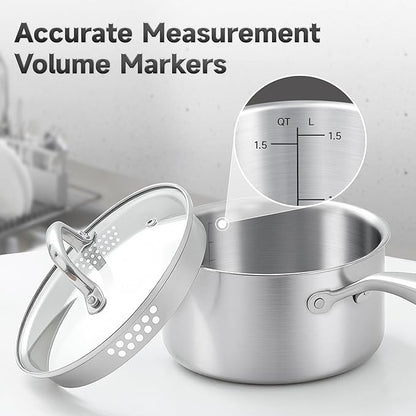 1.5 Quart Stainless Steel Saucepan with Steamer Basket, Tri-ply Full Body, Multipurpose Sauce Pot with Two-Size Drainage Holes Lid, Perfect For Boiling Gravies, Pasta, Noodles