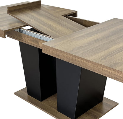 78.74" Extendable Dining Room Table for 4-10 People,Wooden Transformer Kitchen Dining Table with Black Double Sturdy Pedestal Base,Modern Expandable Large Table,Beige+Brown