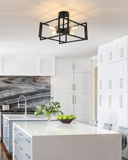 WILON Black Ceiling Light Fixture, 4-Light Farmhouse Light Fixtures Ceiling Mount, Modern Square Semi Flush Chandelier Ceiling Lamp for Kitchen Dining Room Bedroom Laundry Room Living Room