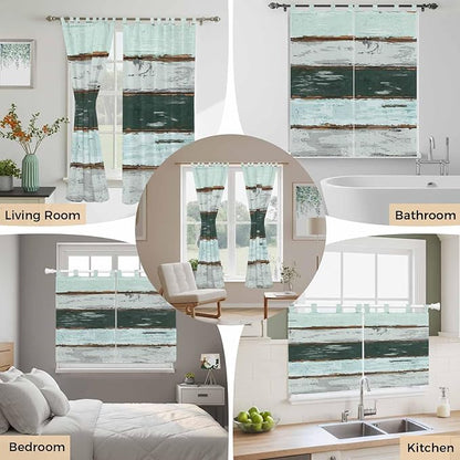 Blue Teal Kitchen Curtains 45 Inch Length, Short Cafe Window Curtains Tab Top, Vintage Wooden Retro Art Farmhouse Barns Light Filtering Window Treatments Tier Drapes 27.5"x45" 2 Panel