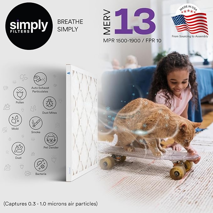 Simply 12x12x1 Air Filter, Merv 13, 4 Pack, For Home AC Furnace & HVAC (Actual Size: 11.75"x11.75"x0.75") DUST, Pet, & Allergy Control
