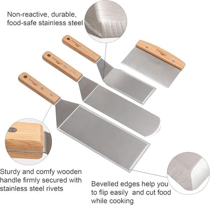 Professional Griddle Spatula Set – 4-Piece Flat Top Grill Tool Kit for BBQ, Hibachi & Outdoor Cooking – Heavy Duty Stainless Steel Griddle Spatula, Flipper, Turner, Chopper/Scraper with Wooden Handles