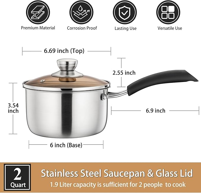 P&P CHEF 2QT Saucepan with Lid, Stainless Steel Saucepan, Small Sauce Pan for Kitchen Cooking Soup/Milk/Eggs/Noodles, Visible Glass lid & Bakelite Heat-Proof Handles, Dishwasher Safe & Healthy