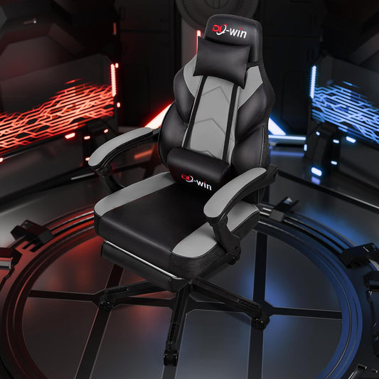 DL-win Gaming Chairs for Adults, Computer Chair with Footrest and High Back, Big and Tall Gamer Chair's with Massage Lumbar Support, 360° Swivel Height Adjustable Gaming Chair, Grey