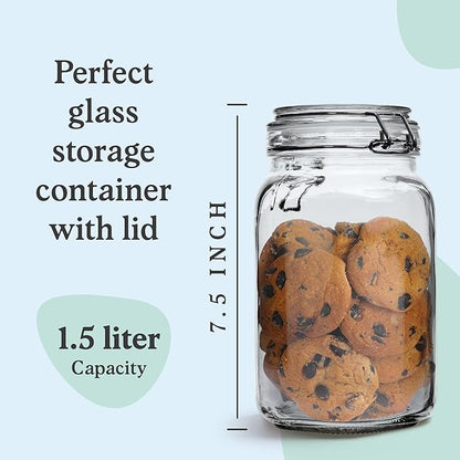 Set of 3 Glass Mason Jar with Airtight Lid 50 Ounces | Glass Storage Container for Food, Flour, Pasta, Coffee, Candy, Dog Treats, Snacks