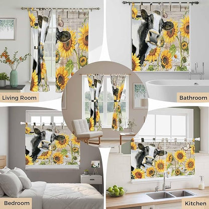 Yellow Sunflowers Bedroom Curtains 72 Inch Length, Window Curtains Tab Top, Farmhouse Cow Barn Doors Floral Butterfly Light Filtering Window Treatments Drapes 52"x72" 2 Panel