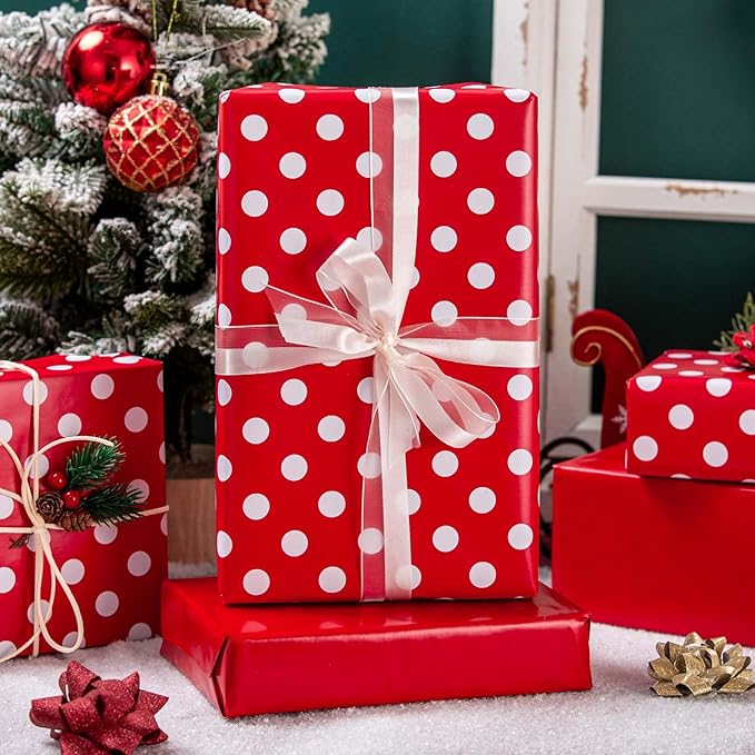 Burymento Red and White Dots Wrapping Paper, Reversible Pink Gift Wrap for Birthday, Valentines, Mothers day, Graduation, Wedding, Fathers day, Baby Shower, Christmas (17in x 32.8ft)