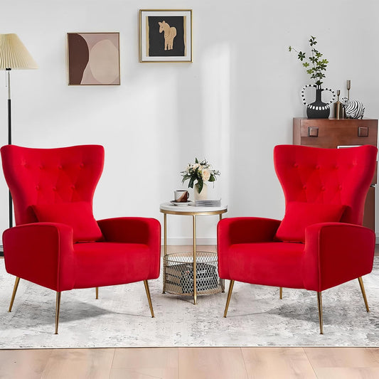 ZJhome Button-Tufted Velvet Accent Chairs Set of 2, WingBack Living Room Chairs Armchair with Lumbar Pillow, Bedroom Chairs Vanity Arm Chair with Golden Legs, Red
