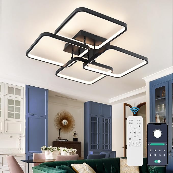 Modern Led Ceiling Light Fixtures for Living Room, Dimmable Square Ceiling Lighting Fixture with Remote Control, 3 Colors Flush Mount Ceiling Light for Dining Room, Kitchen, Living Room
