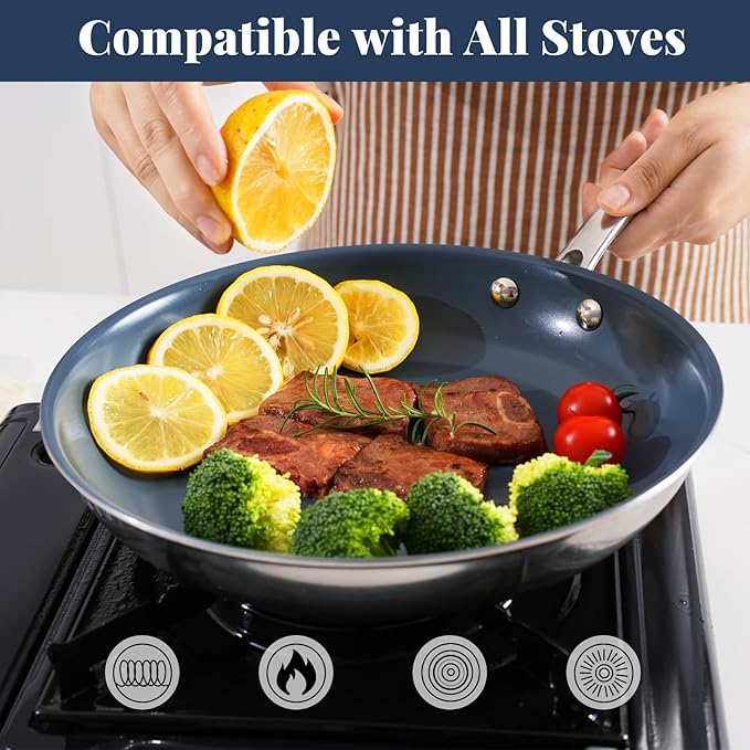 Stainless Steel Non Stick Frying Pan,10 Inch Healthy Non Toxic Ceramic Coating Cookware with Lid,Works on Induction, Electric Stove and Gas Cooktops,PTFE PFAS PFOA Free Skillet,Dishwasher&Oven Safe