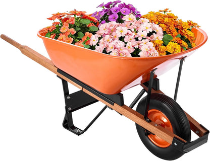 VEVOR Wheelbarrow Cart, 6 Cu. Ft. Load & 330 lbs Capacity, One Wheel Garden Dump Cart Wheel Barrow with Metal Handle & 16" Wide Track Wheels, Easy Loading Utility Yard Cart & Wagons for Lawn Farm
