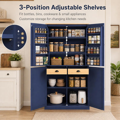 Kitchen Pantry Cabinet, 40.2" W x 20" D x 71.3" H Large Freestanding Pantry Storage Cabinet with 4 Doors, 2 Drawers, 8 Door Shelves, 2 Adjustable Shelves, Farmhouse Kitchen Cupboard (Blue)