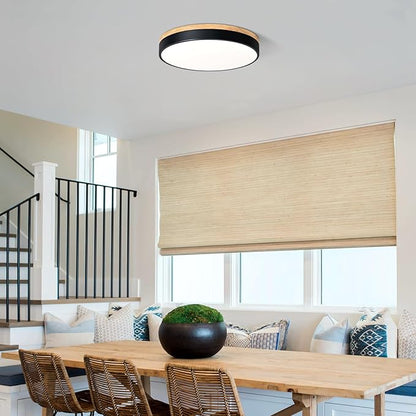 Dimmable Wood LED Ceiling Light, 5CCT 2700K-6000K Modern Black Flush Mount Ceiling Light, Minimalist Round Close to Ceiling Light Fixture for Living Room, Bedroom, Kitchen, 15.74in