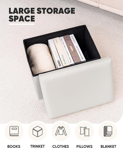 B FSOBEIIALEO Folding Storage Ottoman, 16.5" Faux Leather Ottomans, White | Small Ottoman with Storage Bench, Rectangle Foot Rest Chest Seat, for Living Room, Bedroom, Home Office, Dorm