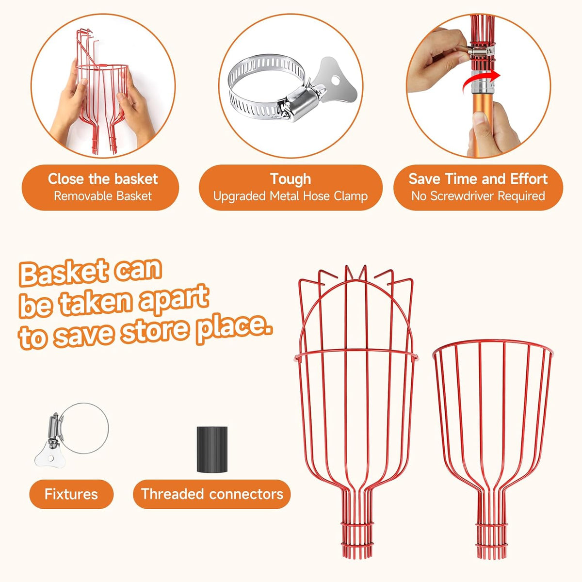 SANLIKE Fruit Picker Tool 8FT Telescoping Fruit Picker Pole, Easy to Assemble Twist-On Apple Basket, Lightweight Aluminum Fruit Picking Equipment for Getting Fruits Apple Orange Pear Mangoes