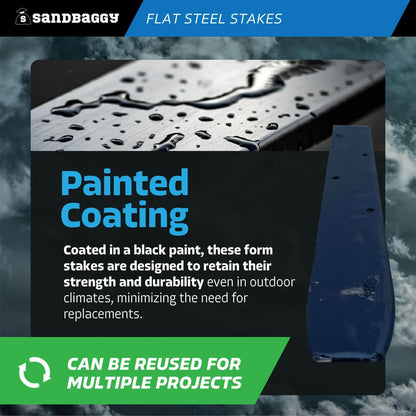 Sandbaggy Flat Steel Stakes for Concrete Forms with Nail Holes - 1.5" Wide - Painted - Removable, Reusable, V Point End - Construction Grade Stakes (5, 18 inch)