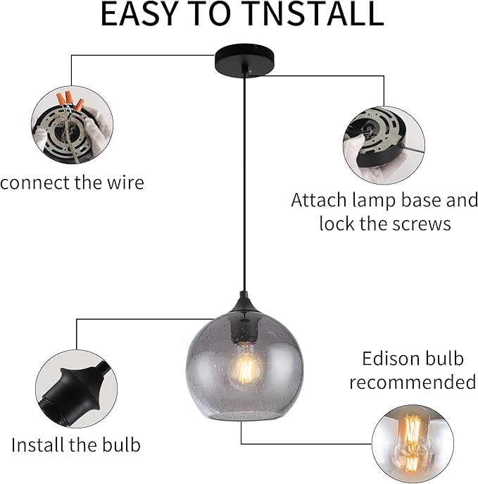 Gray Glass Pendant Lights Kitchen Island Lighting Globe Pendant Light Fixtures Modern Pendant Lighting for Kitchen Island Bedroom Living Dining Room Light Fixture-11.8in