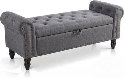 51in Bedroom Storage Bench for End of Bed, Upholstered Ottoman Bench with Button Tufted Design and Rolled Arms, Anti Cotton and Linen Entryway Bench with Safety Hinge for Living Room, Closet, Gray