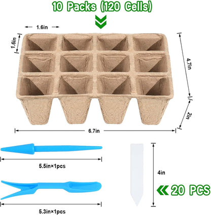 10 Packs Seedling Starter Trays, 120 Cells Biodegradable Seed Starter Plant Pots，Seed Germination Starter Tray Kit with 20 Labels, 2 Transplant Tools