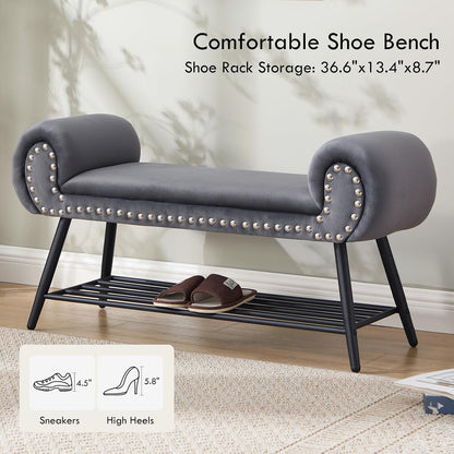 45" Velvet Entryway Bench with Shoe Storage Shelf, Grey | Upholstered bench with rolled arms, nailhead trim, padded seat and metal shelf for shoes, 1 seater, for hallway or bedroom