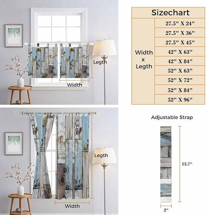 Blue Grey Wooden Bedroom Curtains 63 Inch Length, Window Curtains Tab Top, Farmhouse Barn Sunflowers Retro Light Filtering Window Treatments Drapes 42"x63" 2 Panel