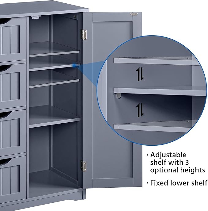 Yaheetech Large Bathroom Floor Cabinet with 4 Dawers and Single Door Cabinet, Freestanding Storage Cabinet for Living Room Kitchen Hallway, Gray
