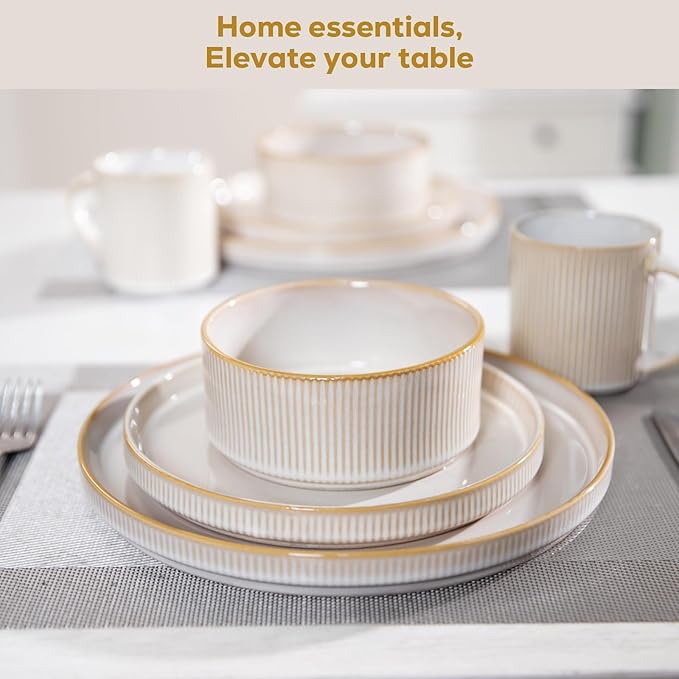 Romswi Dinnerware Set for 4, 16Pcs Stoneware Plates and Bowls Sets with Mugs, Chip & Scratch Resistant Dish Set, Handmade Reactive Glaze Plate Set, Oven,Microwave and Dishwasher Safe, Cappuccino White