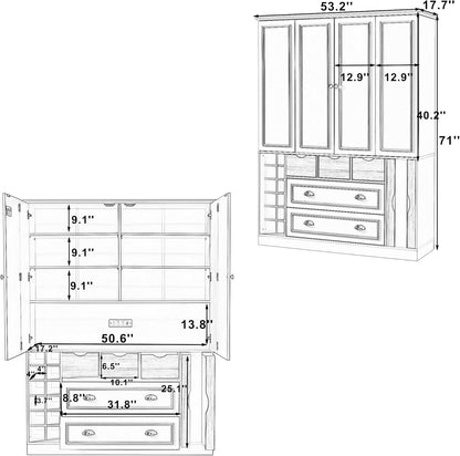 Farmhouse 71''H Large Kitchen Pantry,Deepen Dining Storage Cupboard with 4 Foldable Doors,Power Outlet, Shelves, Wine Racks and Serving Trays (Blue/FD)