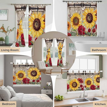 Sunflowers Bedroom Curtains 72 Inch Length, Window Curtains Tab Top, Retro Flower Barn Doors Butterfly Farmhouse Brown Light Filtering Window Treatments Drapes 52"x72" 2 Panel