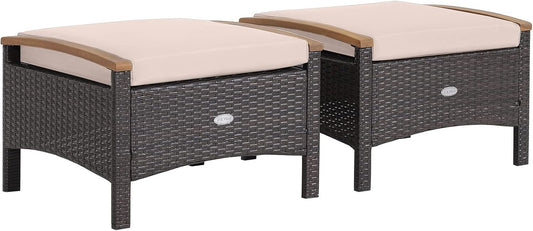 Tangkula 2 Piece Patio Rattan Ottomans, Outdoor Wicker Footstool w/Acacia Wood Handles, Soft Zippered Cushions, 3-in-1 Function Footstool Seat & Side Table for Backyard, Balcony, Poolside (Beige)