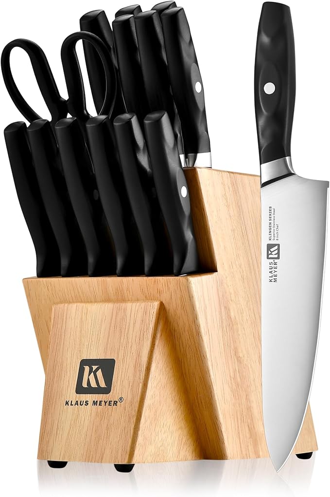 15 Pieces Knife Block Set, High Carbon German Stainless Steel Forged Sharp Blade Knife Set With Block, Dishwasher Safe Cutlery