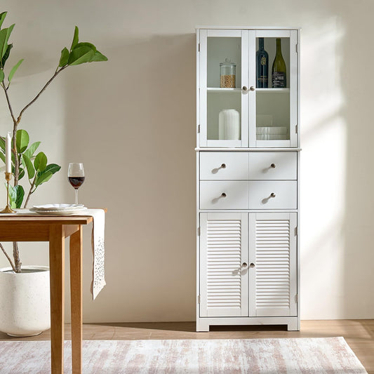 67" Tall Kitchen Pantry Cabinet with Glass Doors and Adjustable Shelves,Freestanding Kitchen Pantry Storage Cabinet with Drawer,Large Food Cupboard for Bathroom,Craft Room,Laundry Room