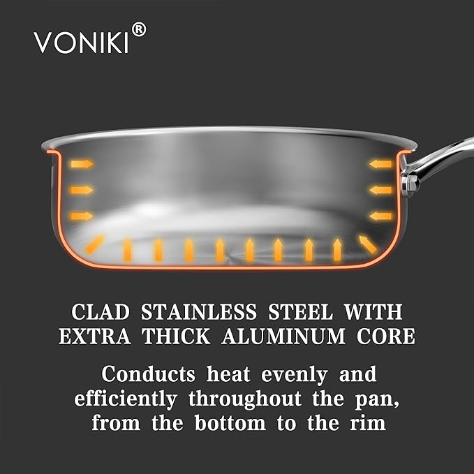 Stainless Steel Cookware Set - VONIKI Tri-ply Stainless Pots And Pans Set with Steamer Basket, Non Toxic Induction Cookware, Kitchen Cookware Sets PFOA & PTFE Free, Dishwasher and Oven Safe