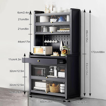 White Kitchen Pantry Cabinet with Microwave Stand Drawer Wheels and Ample Storage Space 24x68in