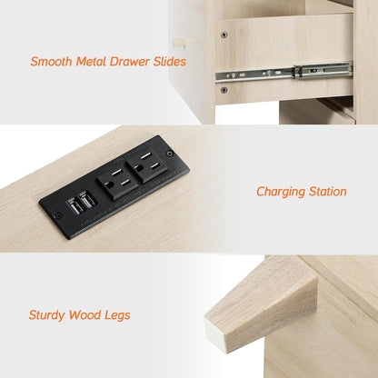 WAMPAT Nightstands with Charging Station&2 Sliding Storage Drawers, Modern Farmhouse End Tables Wood Bedside Table with 2 AC Outlets & USB Ports for Living Room, Bedroom, Light Oak