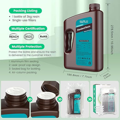 SUNLU 3D Printer Resin 3kg, Fast Curing Standard 3D Resin for Most Resin 3D Printers, 395 to 405nm UV Curing 3D Printing Liquid Photopolymer Resin, Low Shrinkage and High Precision, 3000g, Dark Grey