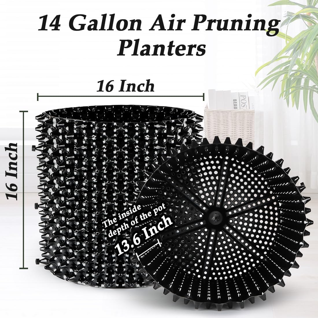 14 Gallon Air Pruning Planters, Plastic Pots for Plants, Large Plant Pots, Fruit Vegetable Garden Self-Planting Planters, Size 16"x16", Black, 5P