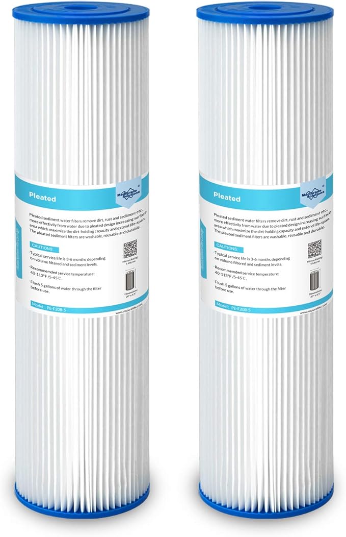 Membrane Solutions 5 Micron Whole House Sediment Water Filter Replacement Cartridge Pleated Water Filter Heavy Duty 20"x4.5", Universal Fits Most Major Brand Systems - 2 Pack