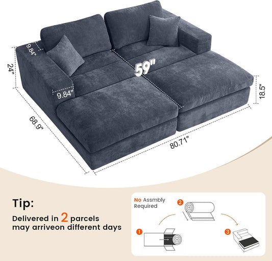 Oversized Double Chaise Lounge Chair, Cloud Sofa Bed, Blue | 59" Deep Seat Couch, Modular Oversized Loveseat, Soft Cloud Sofa, 4 Pillows, 10" Wider Armrests, Chaise Lounge Chair Indoor